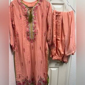 Embroidered Pink Traditional Dress with Scarf
